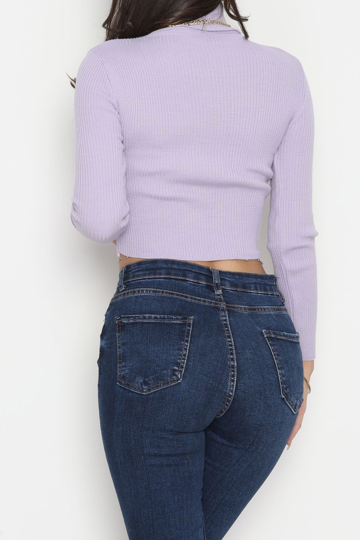 lila balıkçı yaka fitilli Örme crop triko kazak %100 pamuk lila balıkçı yaka fitilli Örme crop triko kazak %100 pamuk