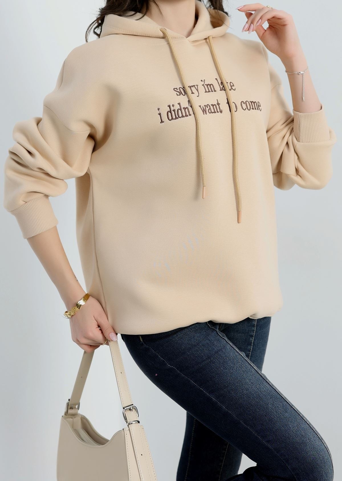 3 Iplik Kapşonlu Nakışlı Sweatshirt – Bej Kahve 3 Iplik Kapşonlu Nakışlı Sweatshirt – Bej Kahve