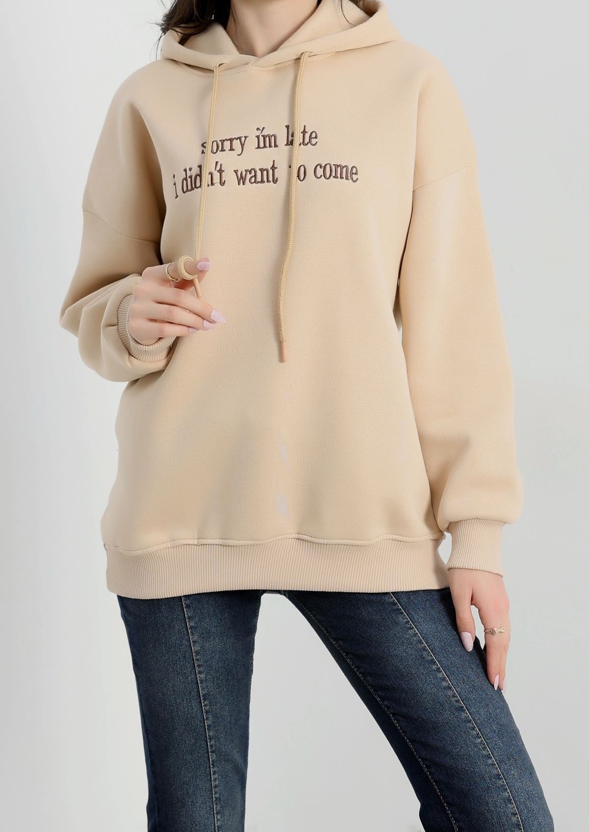 3 Iplik Kapşonlu Nakışlı Sweatshirt – Bej Kahve 3 Iplik Kapşonlu Nakışlı Sweatshirt – Bej Kahve