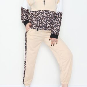 kadın 2 iplik leopar detaylı eşofman takımı bej