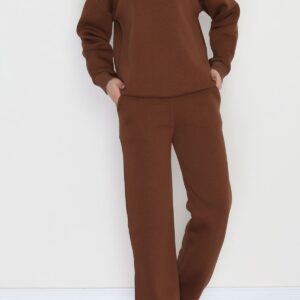 kadın 3 iplik Şardonlu bisiklet yaka eşofman takımı – kahverengi