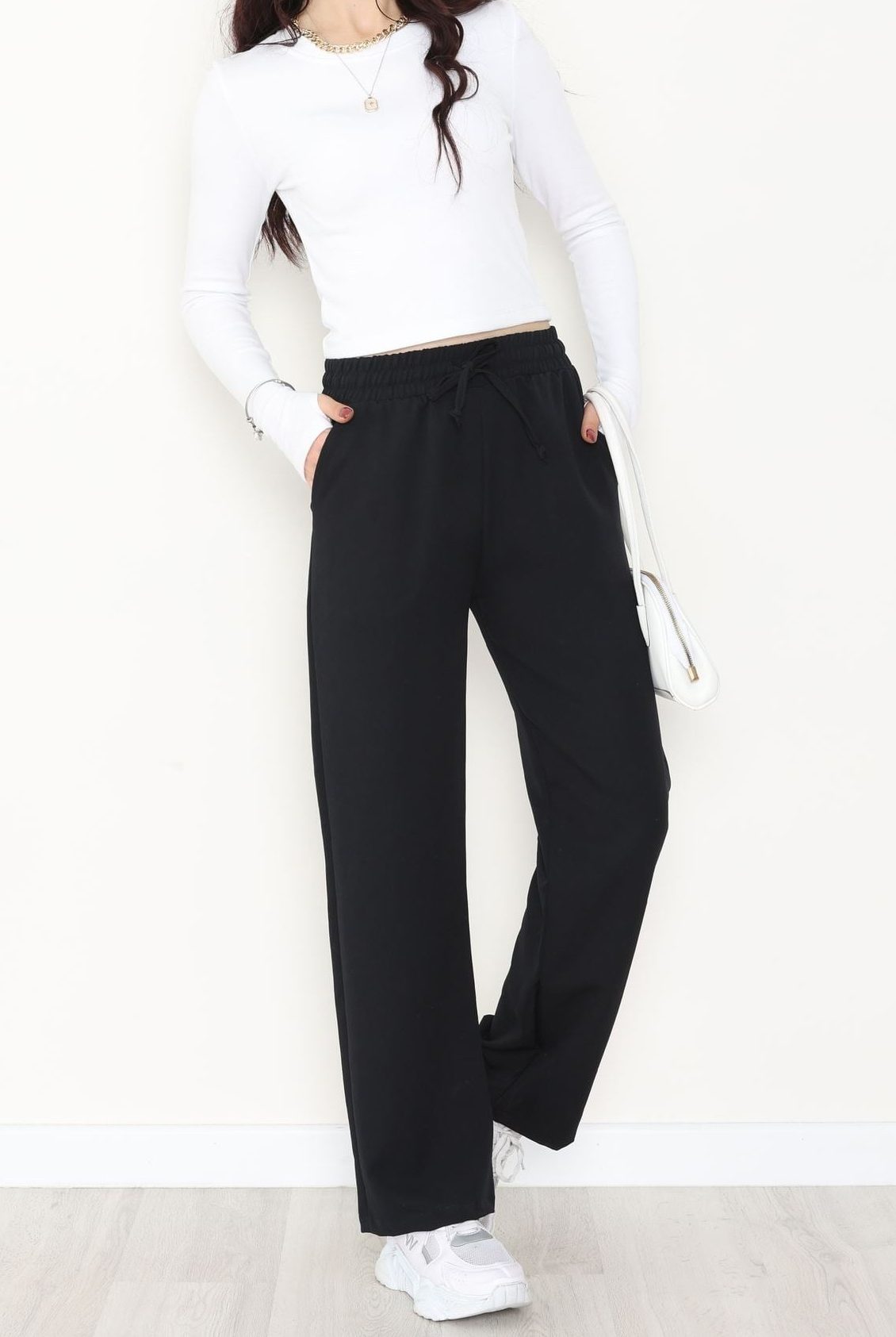 kadın siyah yüksek bel lastikli double (dabıl) kumaş palazzo pantolon